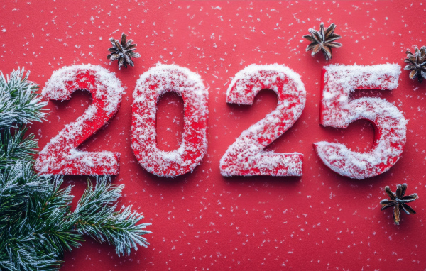 Цифры 2025 в снегу на красном фоне на новый год