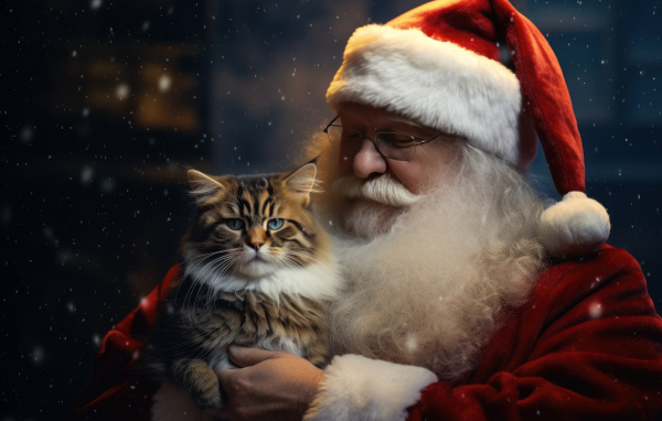 Дед мороз с красивым серым котом в руках