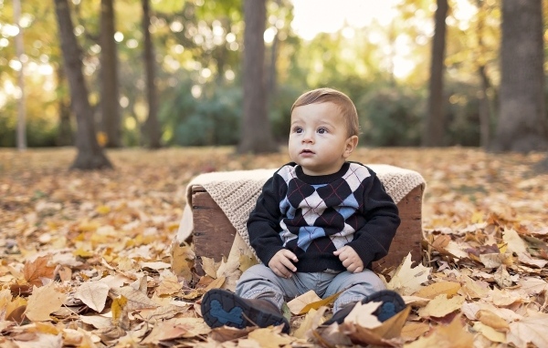 Мальчик сидит на опавшей осенней листве