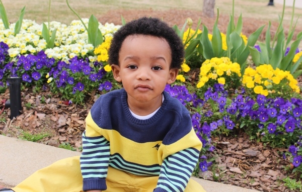 Темнокожий мальчик у клумбы с цветами 