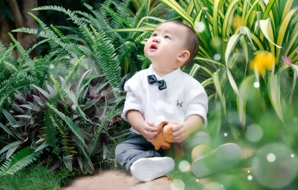 Маленький азиатский ребенок в зеленой траве