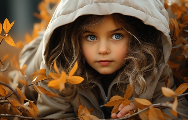 Маленькая голубоглазая девочка в куртке осенью 