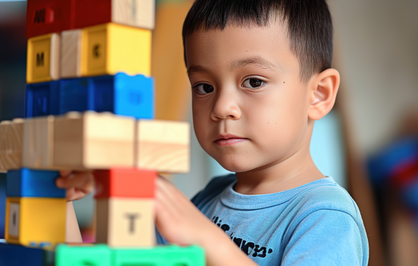 Маленький мальчик играет с кубиками