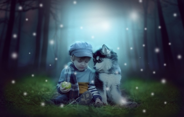 Маленький мальчик с щенком сидят на траве в лесу