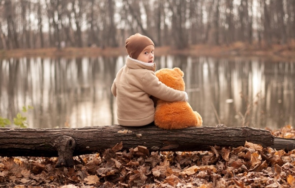 Маленький мальчик с игрушкой сидят на колоде у озера осенью