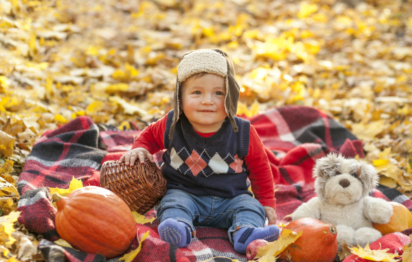 Маленький мальчик с игрушками на земле осенью 