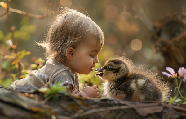 Маленький ребенок с утенком на земле