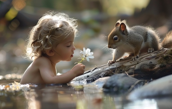 Маленькая девочка в воде с белкой