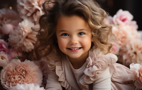 Маленькая улыбающаяся девочка в розовых цветах пиона