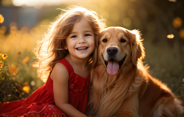 Маленькая улыбающаяся девочка с золотистым ретривером
