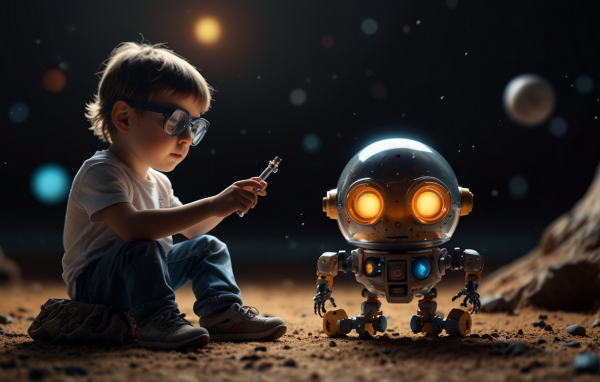 Мальчик ученый с роботом 