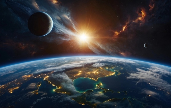 Яркая вспышка в космосе над планетой Земля