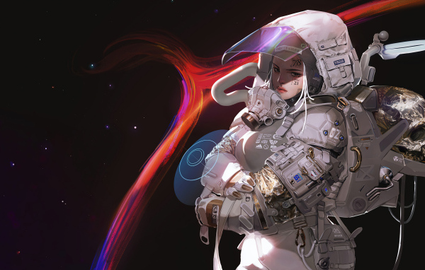 Девушка астронавт в скафандре в космосе