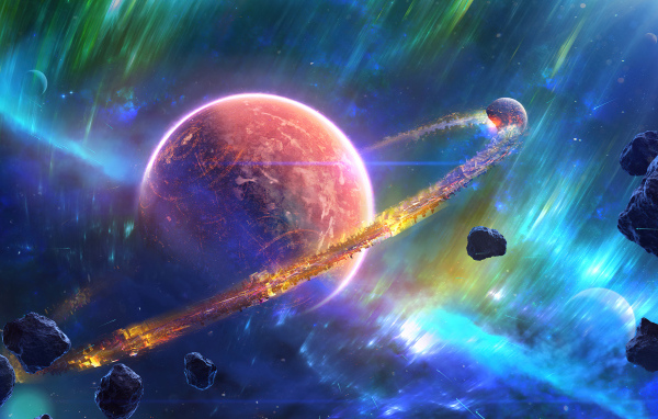 Большая планета с кольцами в космосе с астероидами