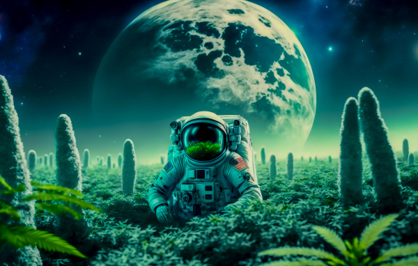 Мужчина астронавт NASA на планете с растениями