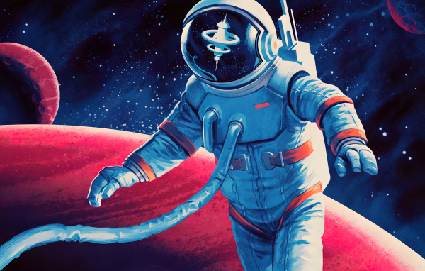 Мужчина астронавт в скафандре на фоне красной планеты