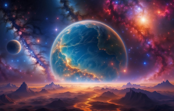 Млечный путь в небе над большой круглой планетой