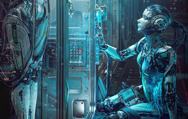 Девушка робот на космическом корабле