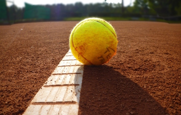 Желтый теннисный мяч лежит на поле