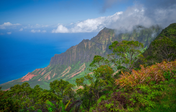Покрытые зеленью горы на Гавайских островах, США
