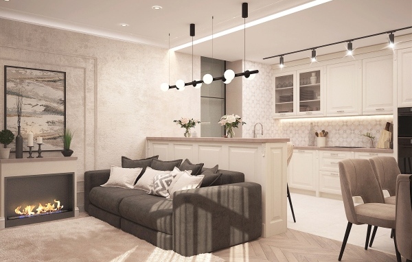 Светлая гостиная с камином и кухней