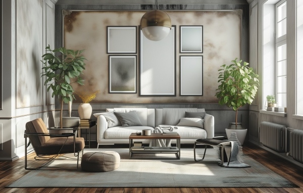 Большой серый диван в комнате с картиной на стене