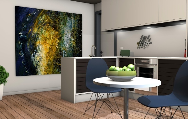 Большая картина на стене в кухне в серых тонах