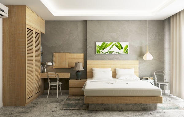 Деревянная мебель в комнате с серыми стенами