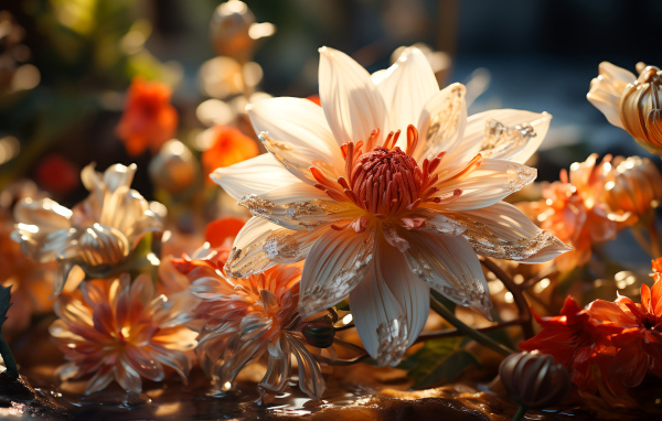 Распустившийся необычный цветок в воде с бутонами