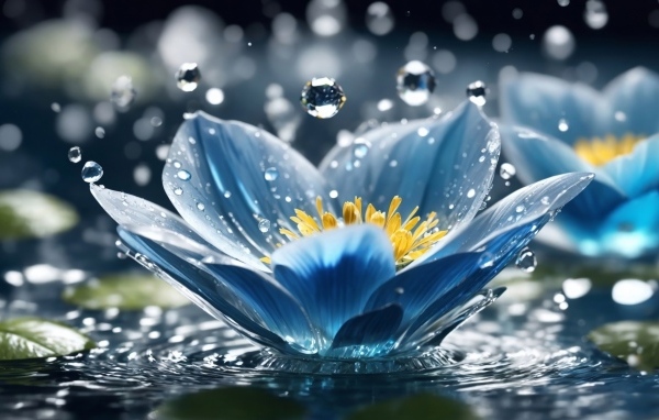 Капли дождя летят на красивый синий цветок