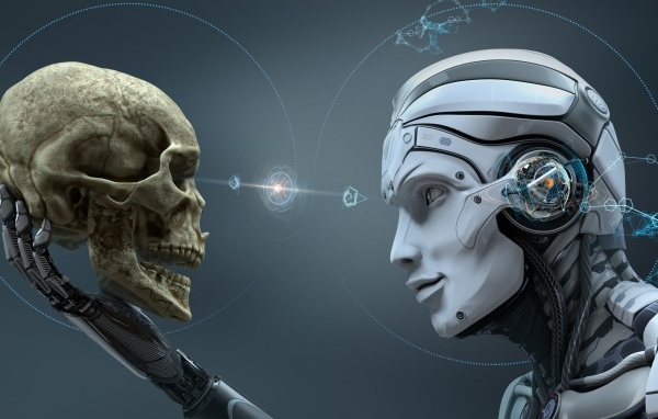 Робот держит в руке череп человека 3д графика