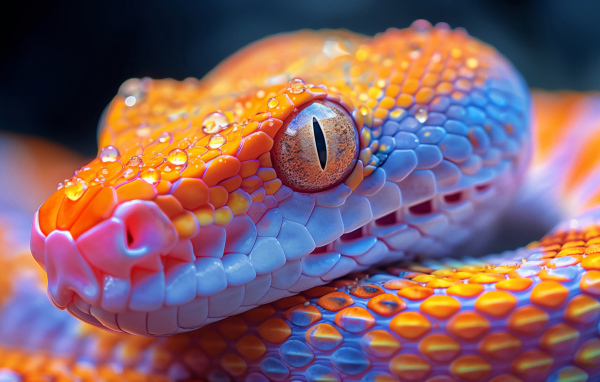 Большая оранжевая змея в каплях воды