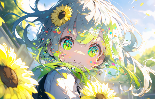Зеленоглазая девочка аниме с подсолнухами