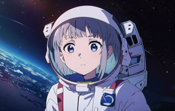 Испуганная девушка аниме в космосе