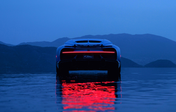 Вид сзади на автомобиль Bugatti Unveils Chiron LUltime