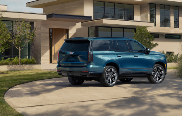 Синий внедорожник Cadillac Escalade 2025 года вид сзади