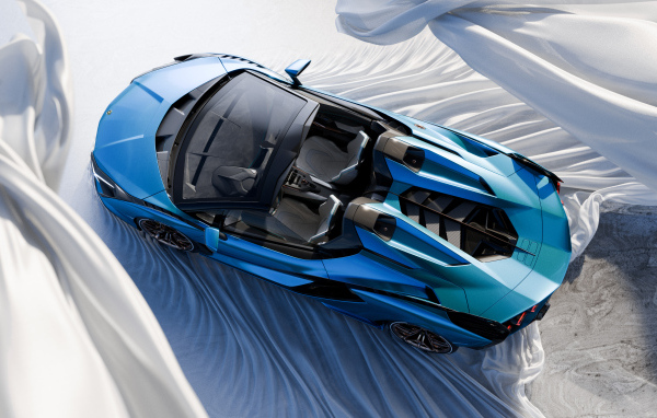 Вид сверху на голубой автомобиль Lamborghini Sián Roadster