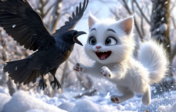 Нарисованный белый котенок играет с вороном