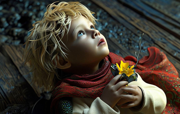 Маленький светловолосый нарисованныЙ мальчик с цветком