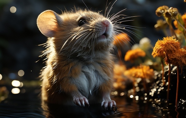 Маленький мышонок в мокрой траве