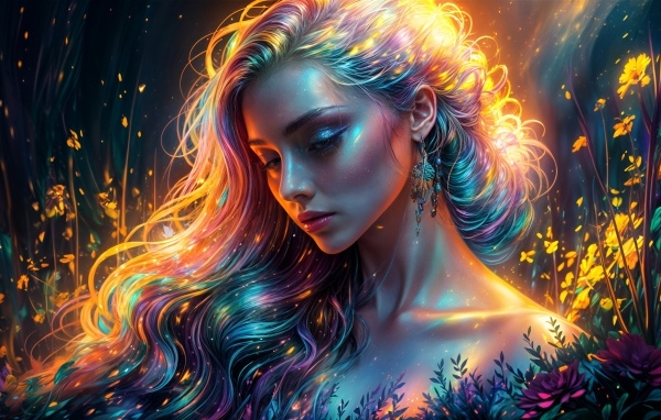 Нарисованная девушка с необычными красивыми волосами