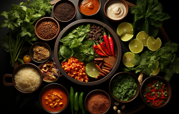 Ароматные специи, зелень и овощи на столе