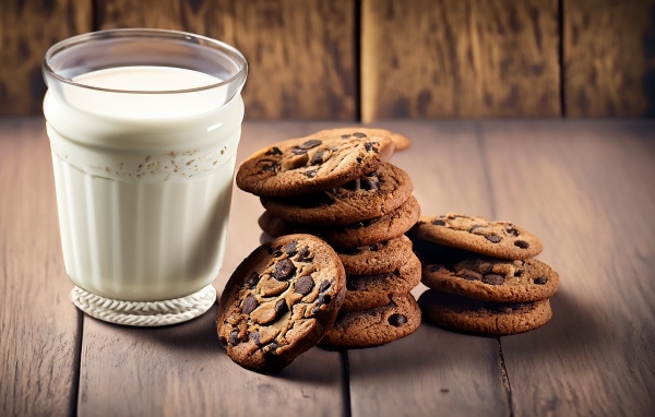 Стакан молока с круглым печеньем на столе