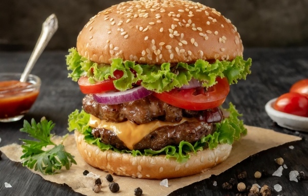 Гамбургер крупным планом на столе со специями