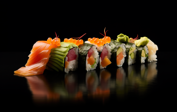 Роллы с красной рыбой и икрой на черном фоне