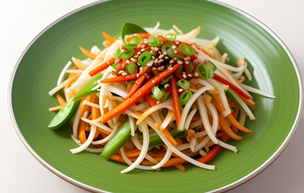 Салат из свежих натертый овощей на зеленой тарелке