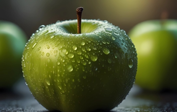 Крупное зеленое яблоко в каплях воды