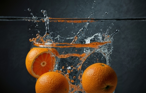 Апельсины падают в воду на сером фоне