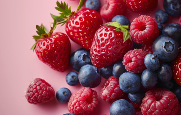 Спелые сочные свежие ягоды на розовом фоне