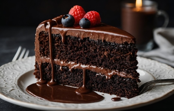 Кусок торта с жидким шоколадом и ягодами
